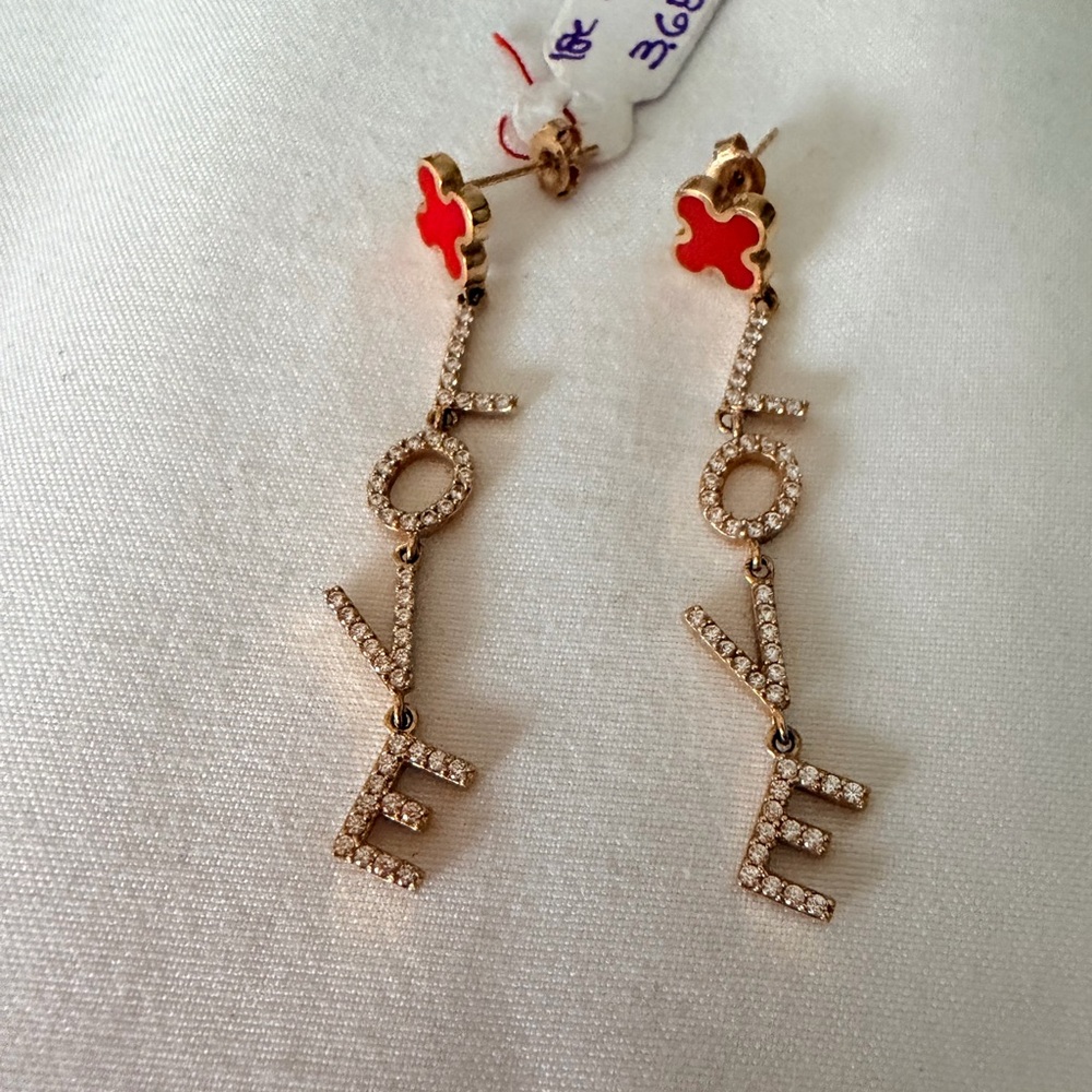 Gold and Red LOVE CLOVER Dangle Earrings